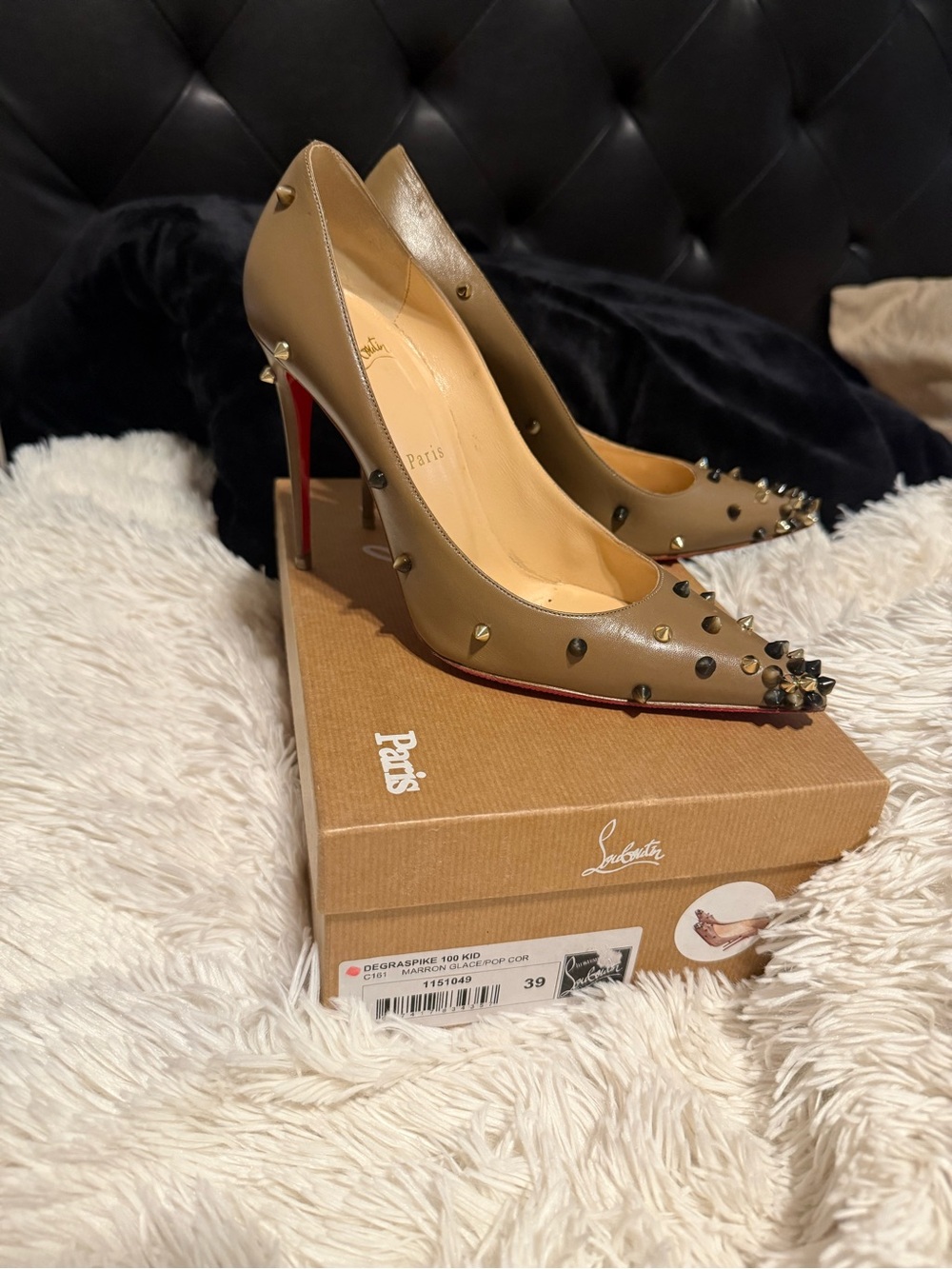 Christian Louboutin Tan Studded Pointed-Toe Pumps